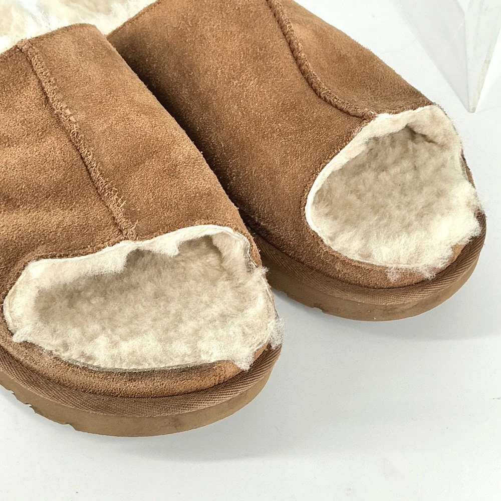 UGG Womens Size 11 Open Toe Chestnut Suede Sheepskin Slides Greenport Slippers - Picture 2 of 11